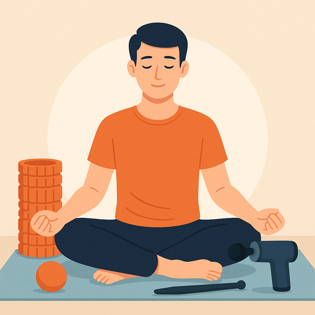 Illustration d’un homme assis en tailleur sur un tapis, entouré d’accessoires de massage comme un rouleau, une balle et un pistolet, dans une ambiance zen et minimaliste