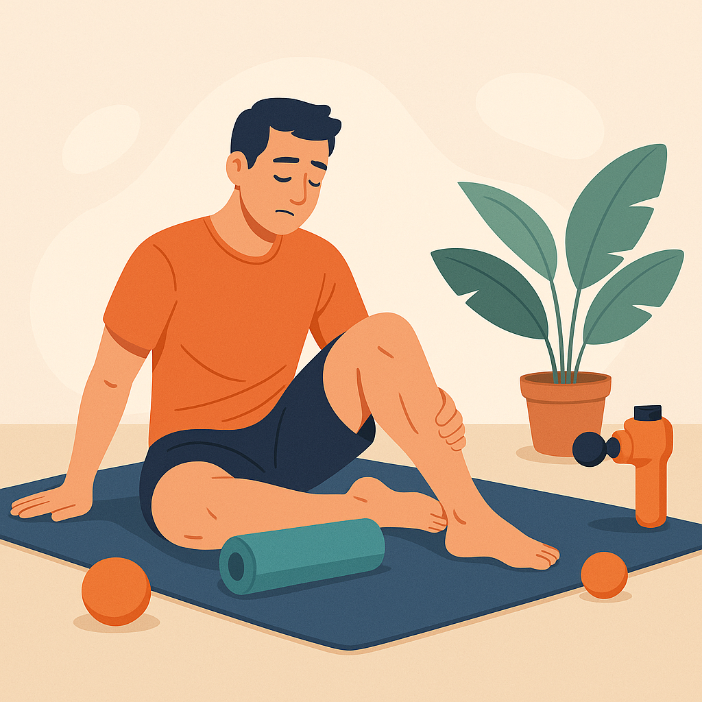 Illustration d’un homme massant ses mollets avec un foam roller après une séance de sport, entouré d’accessoires de récupération sur un tapis