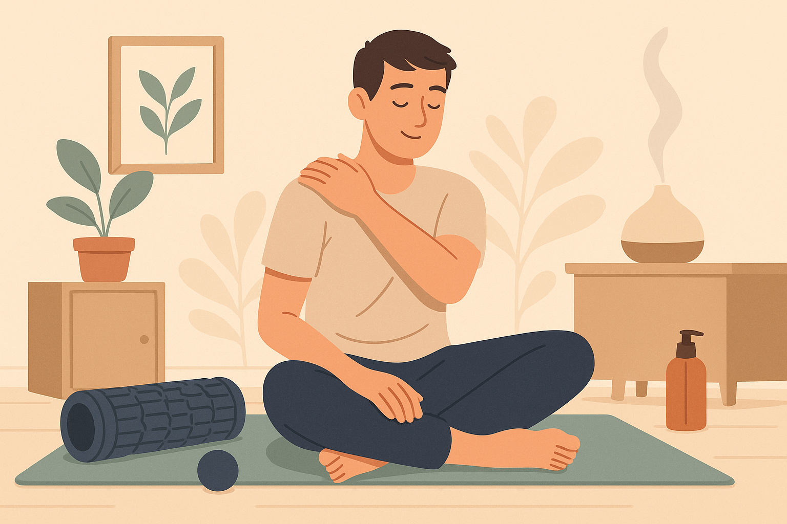 Illustration d’un homme assis sur un tapis de yoga en train de masser son épaule chez lui, entouré d’accessoires de massage dans une ambiance zen