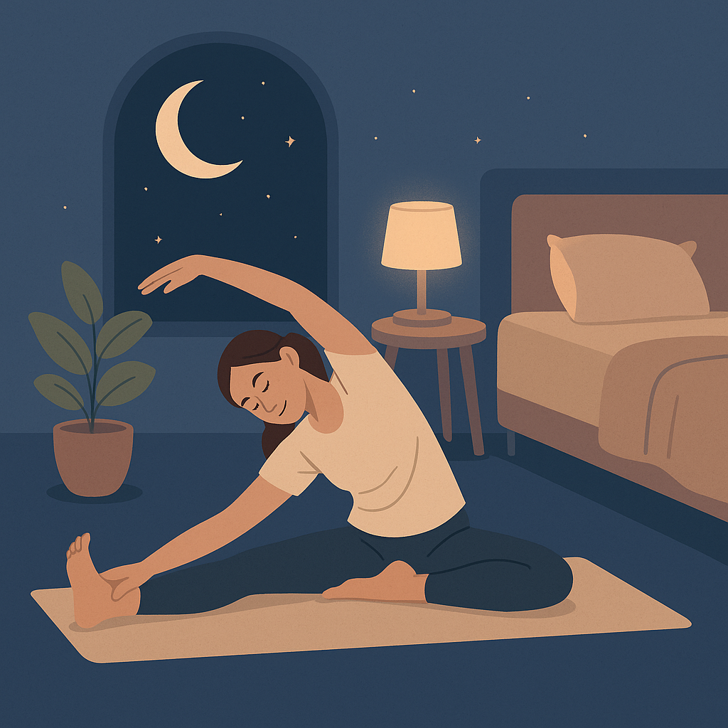 Illustration d’une femme effectuant des étirements du soir sur un tapis, dans une chambre paisible éclairée par une lampe et la lune visible à la fenêtre