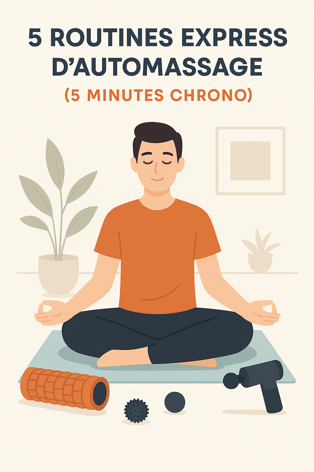 Illustration d’un homme assis sur un tapis entouré d’accessoires d’automassage comme un foam roller, des balles et un pistolet de massage, représentant une routine express de récupération