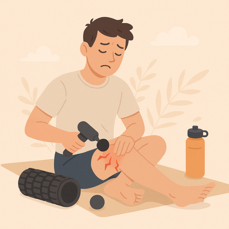 Illustration d’un homme utilisant un pistolet de massage sur sa cuisse pour soulager les courbatures après le sport, assis sur un tapis avec un rouleau de massage et une gourde à côté