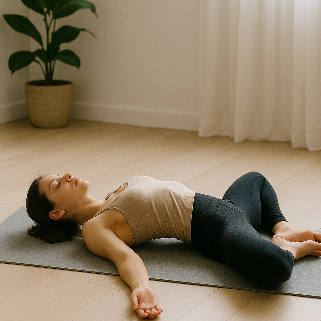 Femme allongée en posture du papillon couché (Supta Baddha Konasana) sur un tapis de yoga dans une pièce apaisante, avec une lumière naturelle et une plante en arrière-plan