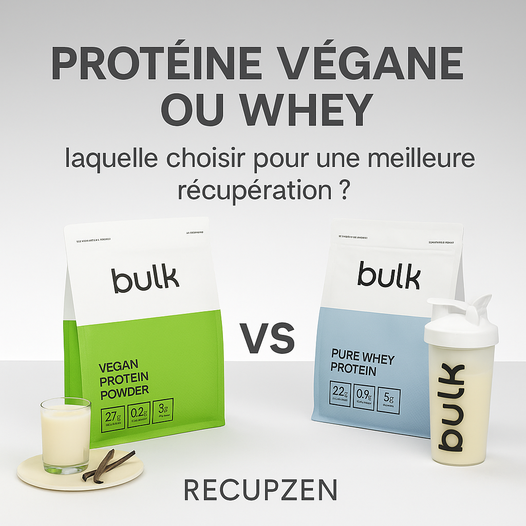 Comparatif entre la Protéine Végane et la Pure Whey de Bulk pour une récupération optimale – visuel RecupZen