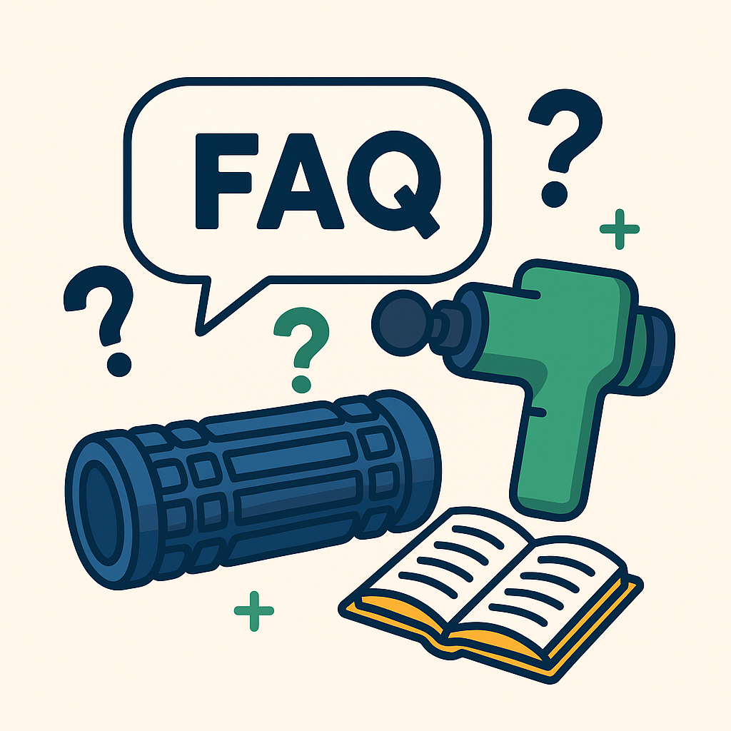 Illustration FAQ récupération sportive avec accessoires de massage et guide