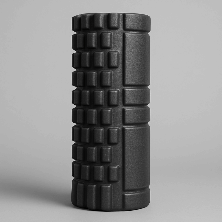 Foam roller noir texturé avec surface à reliefs, sur fond gris neutre