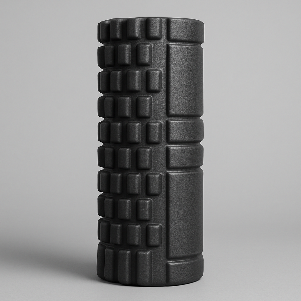 Foam roller noir texturé avec surface à reliefs, sur fond gris neutre